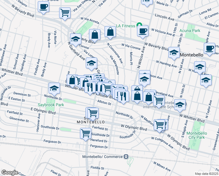 map of restaurants, bars, coffee shops, grocery stores, and more near 2436 Repetto Avenue in Montebello