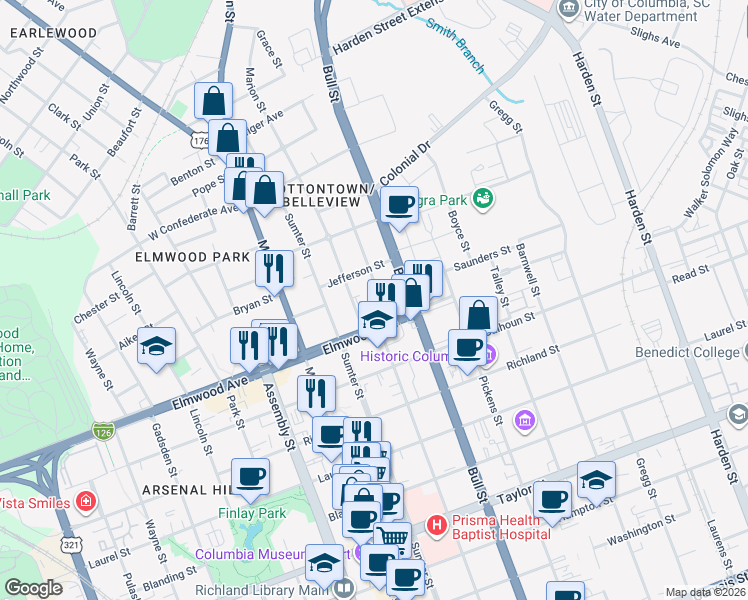 map of restaurants, bars, coffee shops, grocery stores, and more near 2115 Wallace Street in Columbia