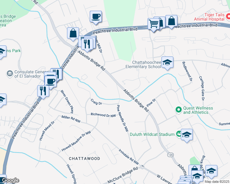 map of restaurants, bars, coffee shops, grocery stores, and more near 4031 Pine Needle Drive Northwest in Duluth