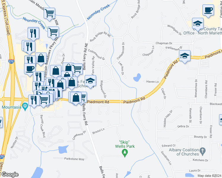 map of restaurants, bars, coffee shops, grocery stores, and more near 190 Berrywood Drive in Marietta