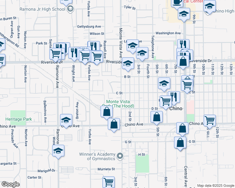 map of restaurants, bars, coffee shops, grocery stores, and more near C Street in Chino