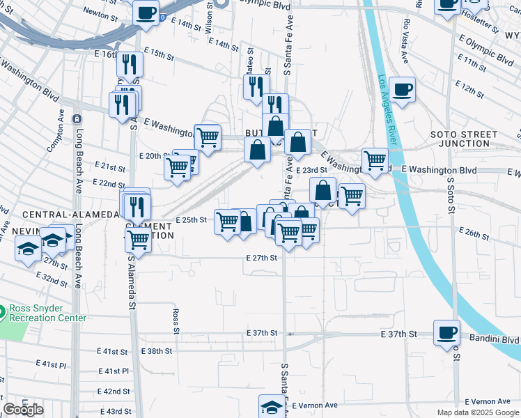map of restaurants, bars, coffee shops, grocery stores, and more near 2145 East 25th Street in Vernon