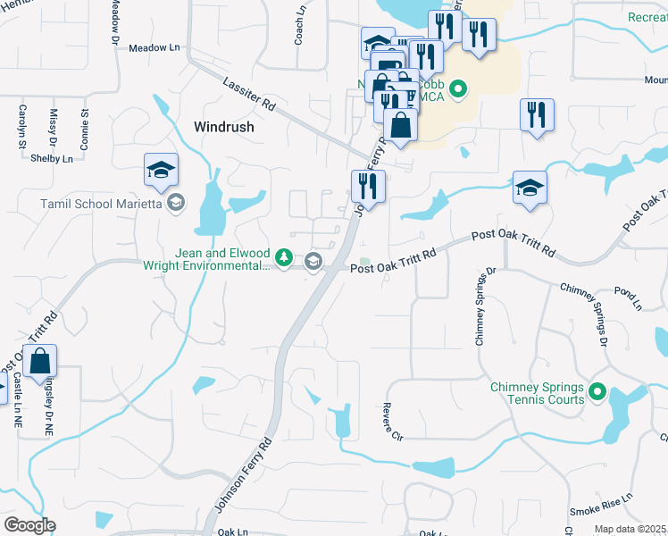 map of restaurants, bars, coffee shops, grocery stores, and more near Johnson Ferry Rd & Post Oak Tritt Rd in Marietta