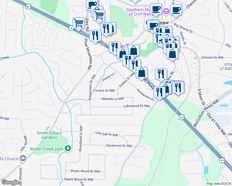 map of restaurants, bars, coffee shops, grocery stores, and more near 2531 Dobbs Drive Northwest in Kennesaw