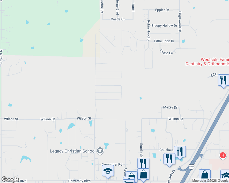 map of restaurants, bars, coffee shops, grocery stores, and more near 3416 Overland Drive in Durant