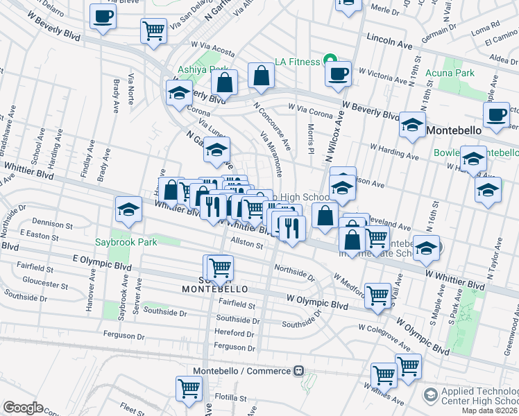 map of restaurants, bars, coffee shops, grocery stores, and more near 2436 Repetto Avenue in Montebello