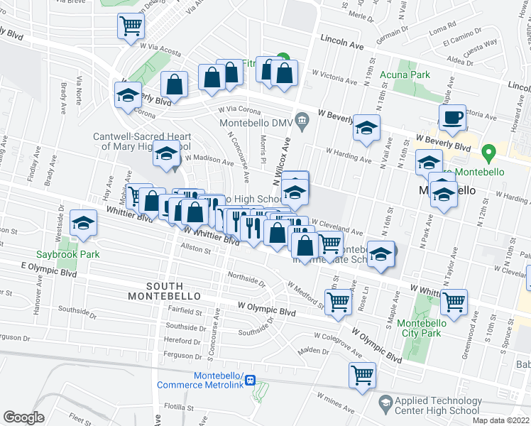 map of restaurants, bars, coffee shops, grocery stores, and more near 147 North Wilcox Avenue in Montebello