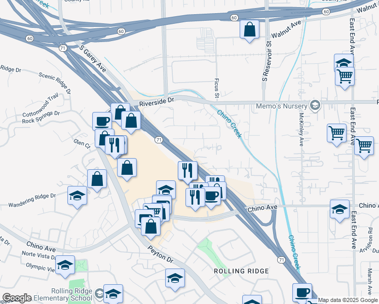 map of restaurants, bars, coffee shops, grocery stores, and more near 13104 Serenity Trail in Chino