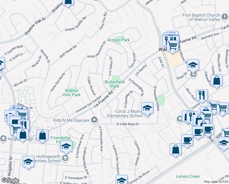map of restaurants, bars, coffee shops, grocery stores, and more near 3332 La Puente Road in West Covina