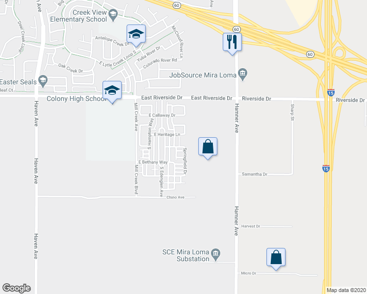 map of restaurants, bars, coffee shops, grocery stores, and more near 4098 East Cottage Way in Ontario