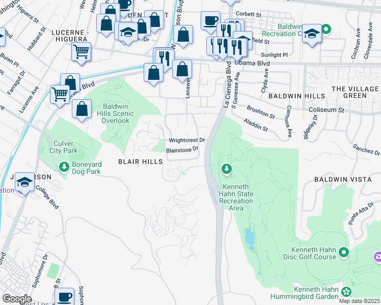 map of restaurants, bars, coffee shops, grocery stores, and more near 5910 Blairstone Drive in Culver City