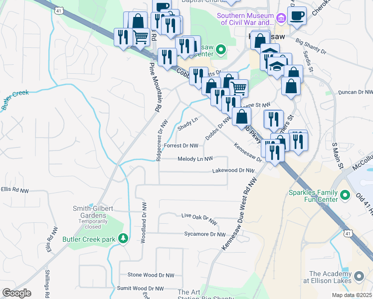 map of restaurants, bars, coffee shops, grocery stores, and more near 2441 Forrest Drive Northwest in Kennesaw