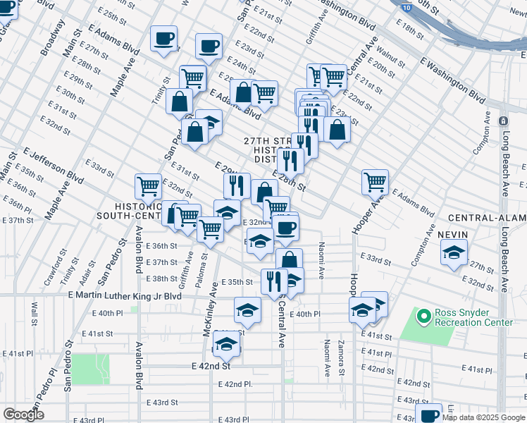 map of restaurants, bars, coffee shops, grocery stores, and more near 1040 East 29th Street in Los Angeles