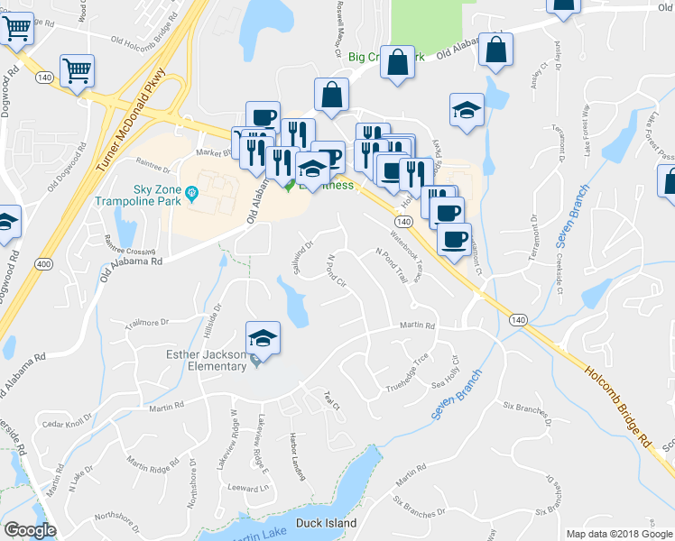 map of restaurants, bars, coffee shops, grocery stores, and more near 9695 North Pond Circle in Roswell