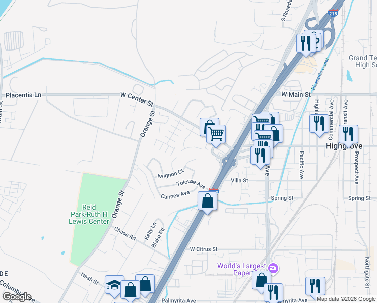 map of restaurants, bars, coffee shops, grocery stores, and more near 3330 Viola Drive in Riverside