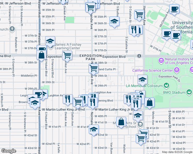 map of restaurants, bars, coffee shops, grocery stores, and more near 1270 West 39th Street in Los Angeles