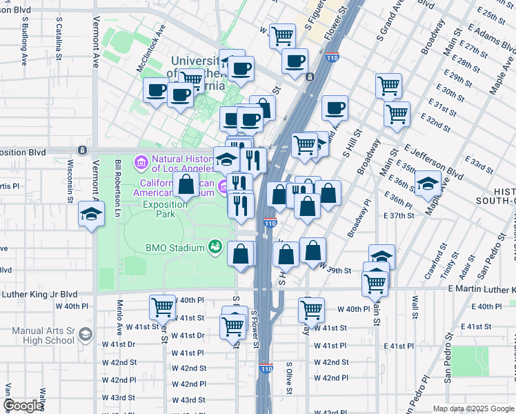map of restaurants, bars, coffee shops, grocery stores, and more near 3820 South Flower Drive in Los Angeles