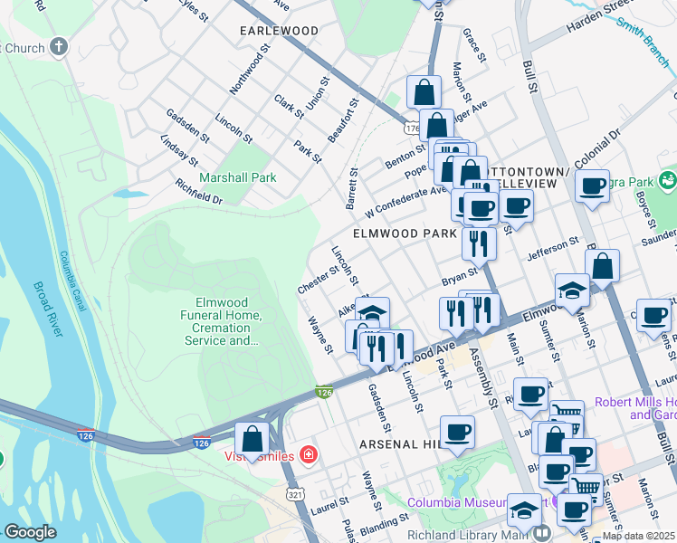 map of restaurants, bars, coffee shops, grocery stores, and more near 2329 Lincoln Street in Columbia
