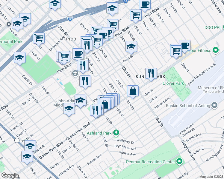map of restaurants, bars, coffee shops, grocery stores, and more near 2425 20th Street in Santa Monica