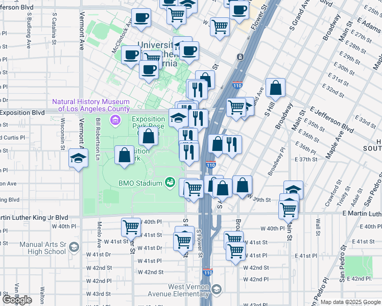 map of restaurants, bars, coffee shops, grocery stores, and more near 3800 South Figueroa Street in Los Angeles