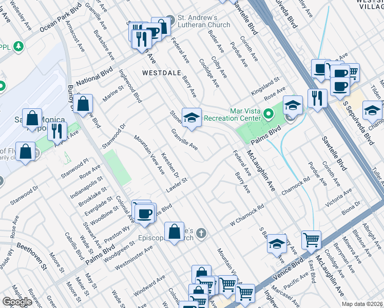 map of restaurants, bars, coffee shops, grocery stores, and more near 11963 Woodbine Street in Los Angeles