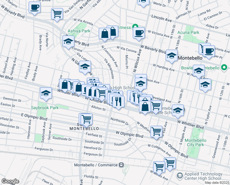 map of restaurants, bars, coffee shops, grocery stores, and more near 2405 West Cleveland Avenue in Montebello