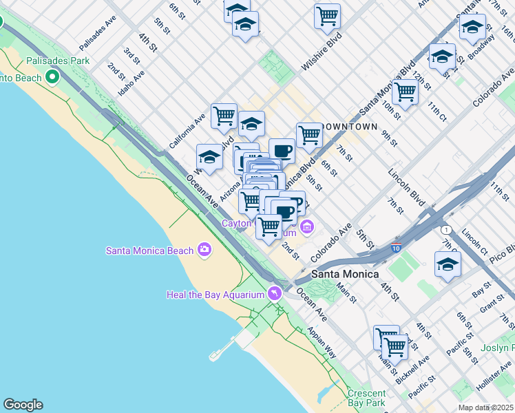 map of restaurants, bars, coffee shops, grocery stores, and more near in Santa Monica