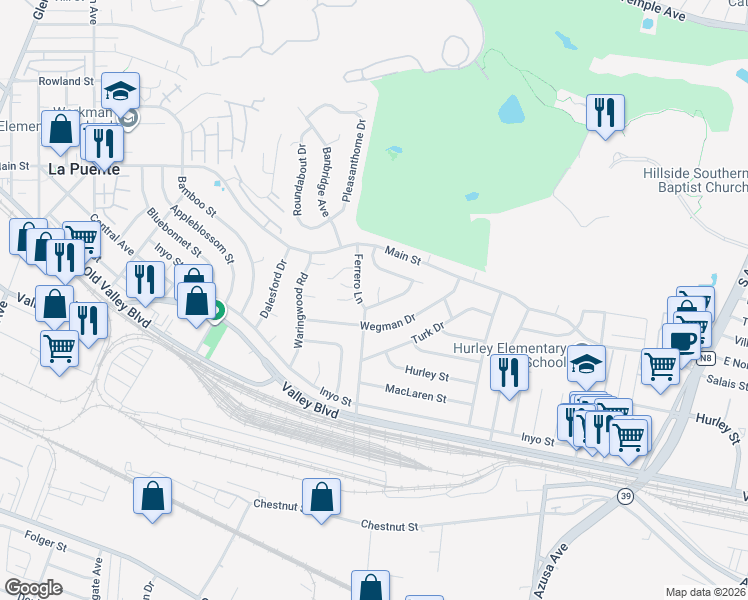 map of restaurants, bars, coffee shops, grocery stores, and more near 510 Ferrero Lane in La Puente