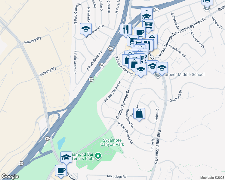 map of restaurants, bars, coffee shops, grocery stores, and more near 495 Golden Prados Drive in Diamond Bar