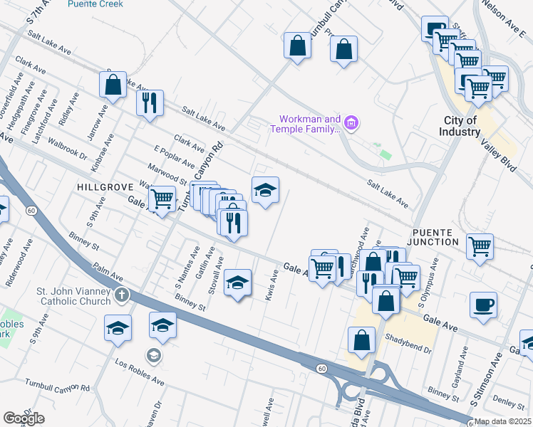 map of restaurants, bars, coffee shops, grocery stores, and more near in City of Industry