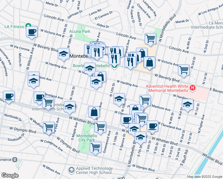 map of restaurants, bars, coffee shops, grocery stores, and more near in Montebello