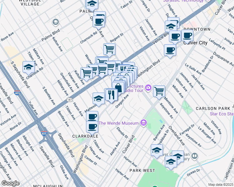 map of restaurants, bars, coffee shops, grocery stores, and more near 10770 Washington Boulevard in Culver City