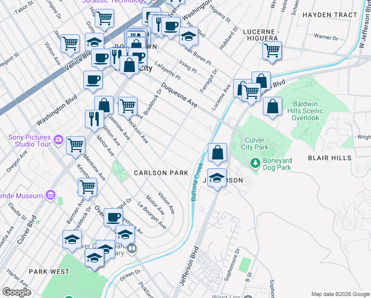 map of restaurants, bars, coffee shops, grocery stores, and more near 4241 La Salle Avenue in Culver City