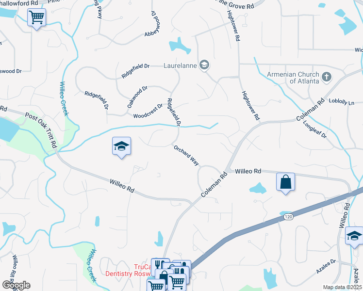 map of restaurants, bars, coffee shops, grocery stores, and more near 1150 Orchard Way in Roswell