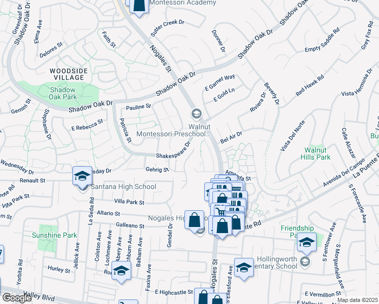 map of restaurants, bars, coffee shops, grocery stores, and more near 3417 Willow Glen Lane in West Covina