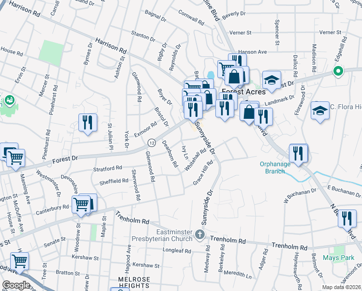 map of restaurants, bars, coffee shops, grocery stores, and more near 3048 Girardeau Avenue in Columbia