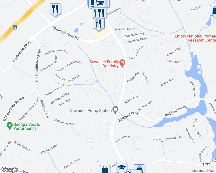 map of restaurants, bars, coffee shops, grocery stores, and more near 667 Arbour Way in Suwanee