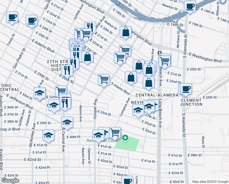 map of restaurants, bars, coffee shops, grocery stores, and more near 1341 East 27th Street in Los Angeles