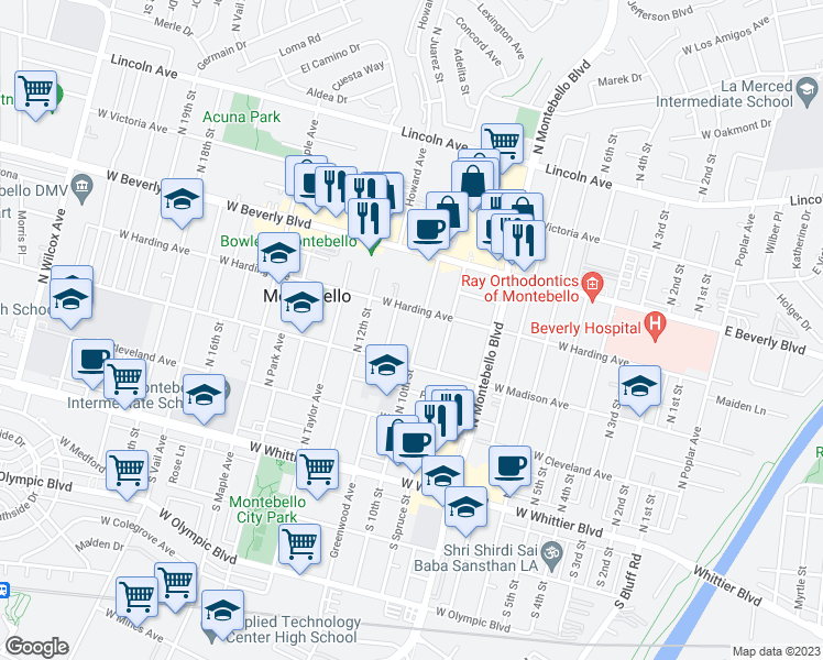 map of restaurants, bars, coffee shops, grocery stores, and more near 329 North Greenwood Avenue in Montebello