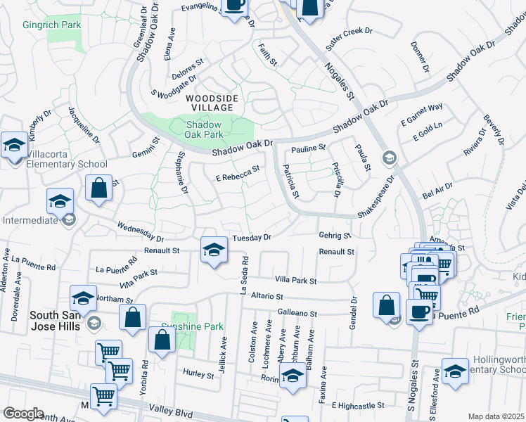 map of restaurants, bars, coffee shops, grocery stores, and more near 2313 Lindsey Court in West Covina