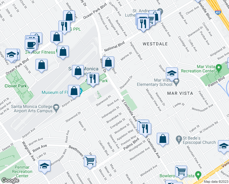 map of restaurants, bars, coffee shops, grocery stores, and more near 3200 Colonial Avenue in Los Angeles