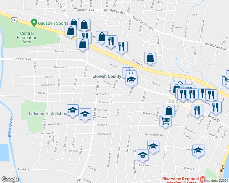 map of restaurants, bars, coffee shops, grocery stores, and more near 208 South 10th Street in Gadsden
