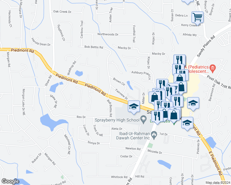 map of restaurants, bars, coffee shops, grocery stores, and more near 1658 Fairview Drive in Marietta