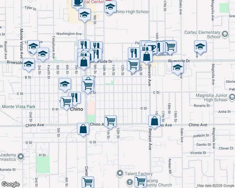 map of restaurants, bars, coffee shops, grocery stores, and more near 5491 C Street in Chino