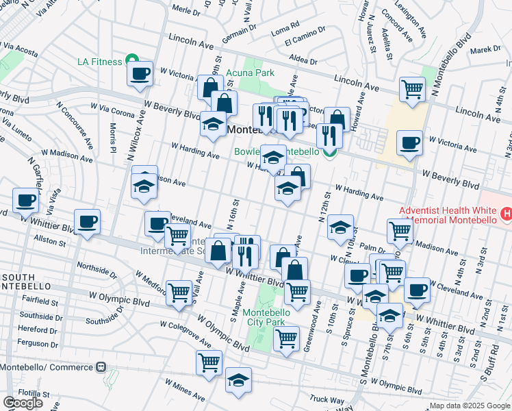 map of restaurants, bars, coffee shops, grocery stores, and more near 1505 West Madison Avenue in Montebello