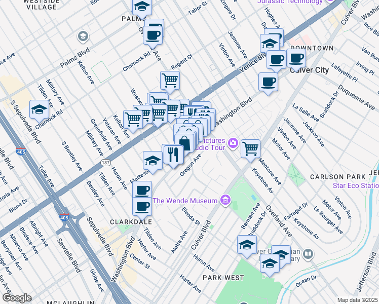 map of restaurants, bars, coffee shops, grocery stores, and more near 10770 Washington Boulevard in Culver City