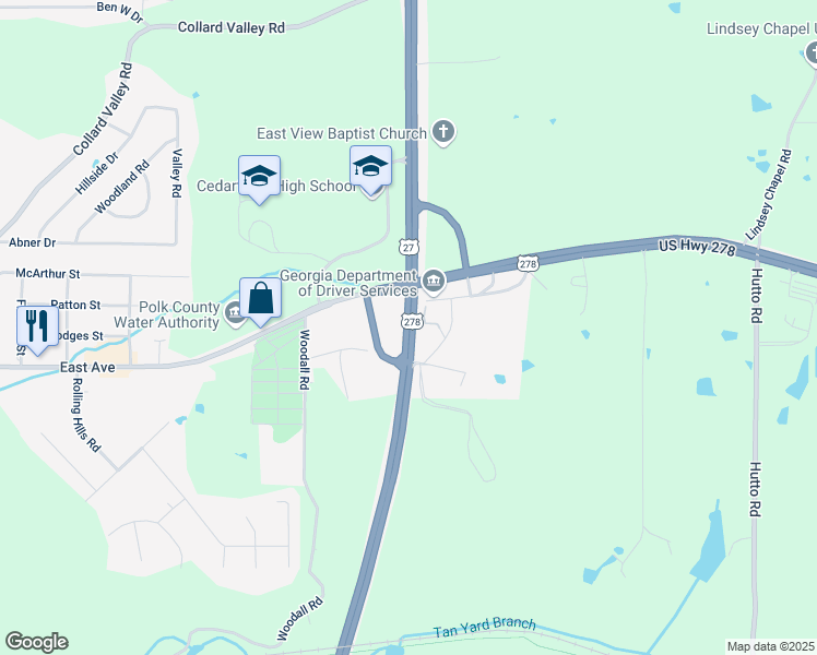 map of restaurants, bars, coffee shops, grocery stores, and more near Cedartown Bypass in Polk County