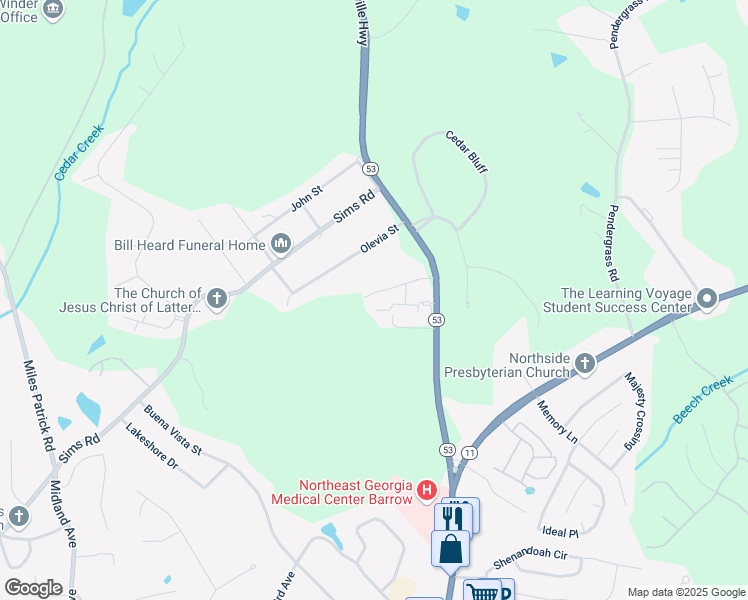map of restaurants, bars, coffee shops, grocery stores, and more near 36 Oak Hill Drive in Winder