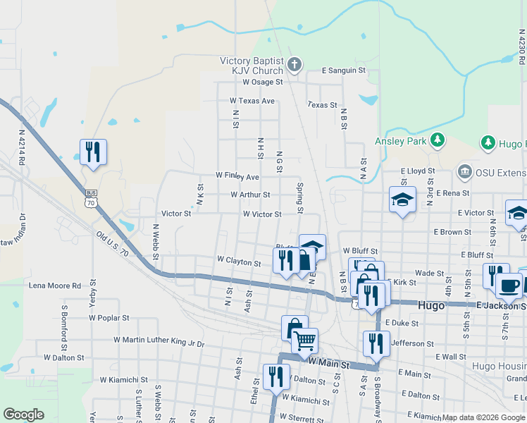 map of restaurants, bars, coffee shops, grocery stores, and more near 502 North H Street in Hugo