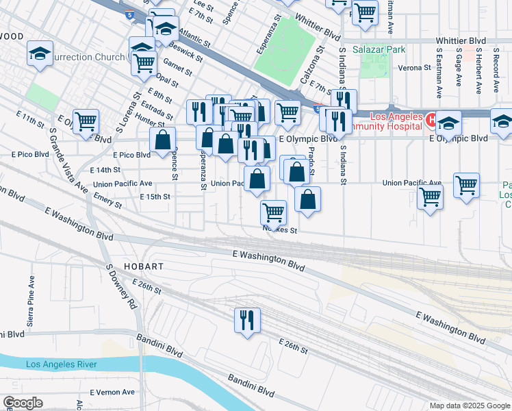 map of restaurants, bars, coffee shops, grocery stores, and more near 3690 Union Pacific Avenue in Los Angeles